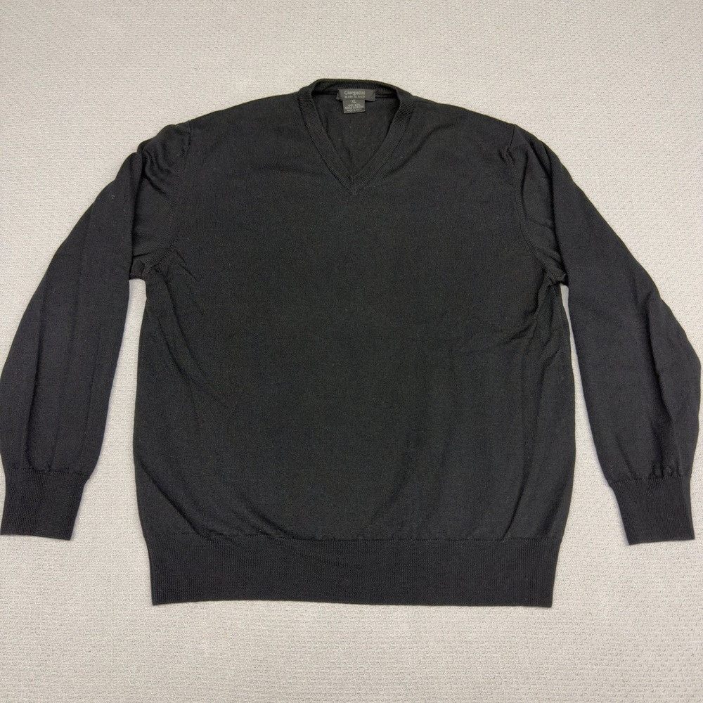 Giorgiolini Sweater Mens XL Black Merino Wool Vneck Knit Pullover Italian